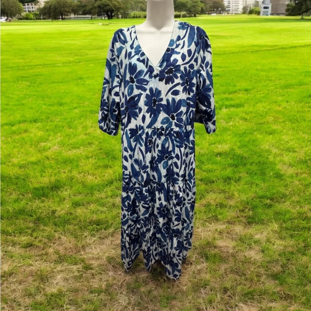 Floral Blue daisy Maxi v neck 100% cotton Dress